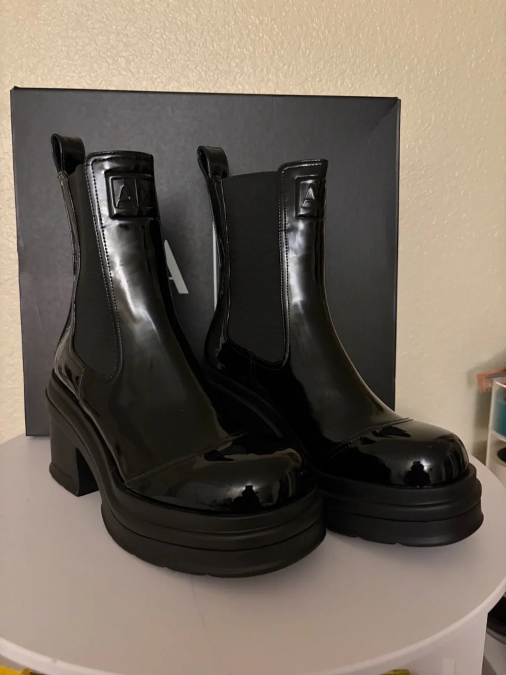 Armani Exchange Black Patent Chelsea Platform Heeled Boots - Picture 1 of 8